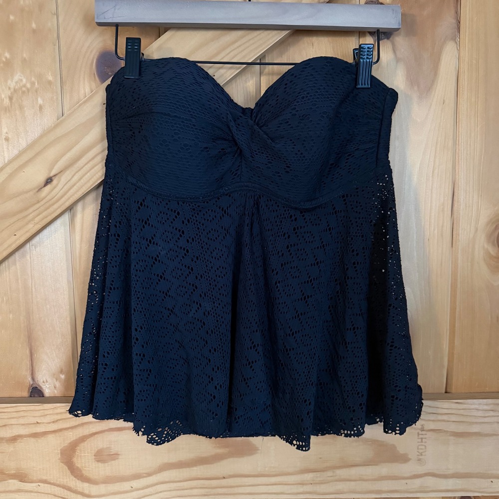 Merona Tankini Top‎ Black Crochet Lace Sweetheart Twist Front Beach Boho Medium